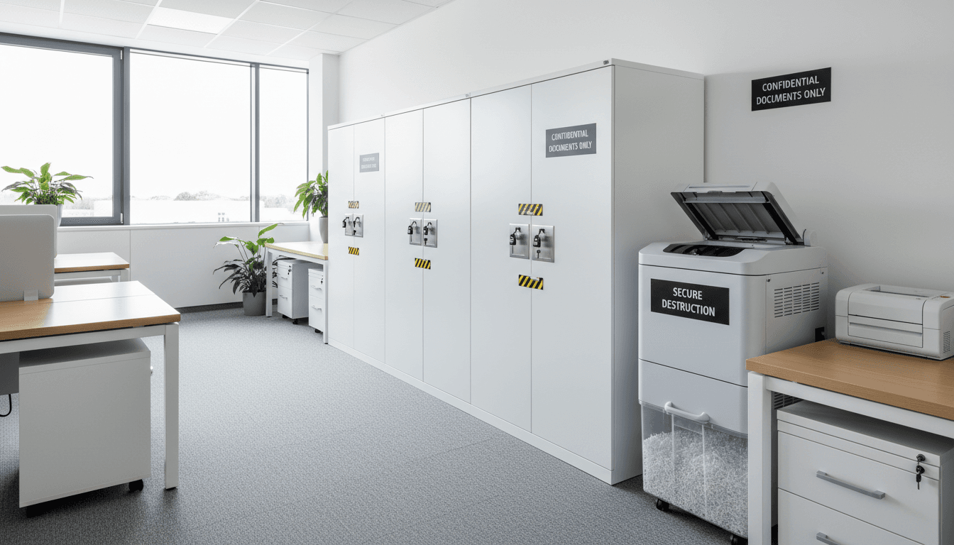 Secure document storage and destruction equipment in a professional office setting