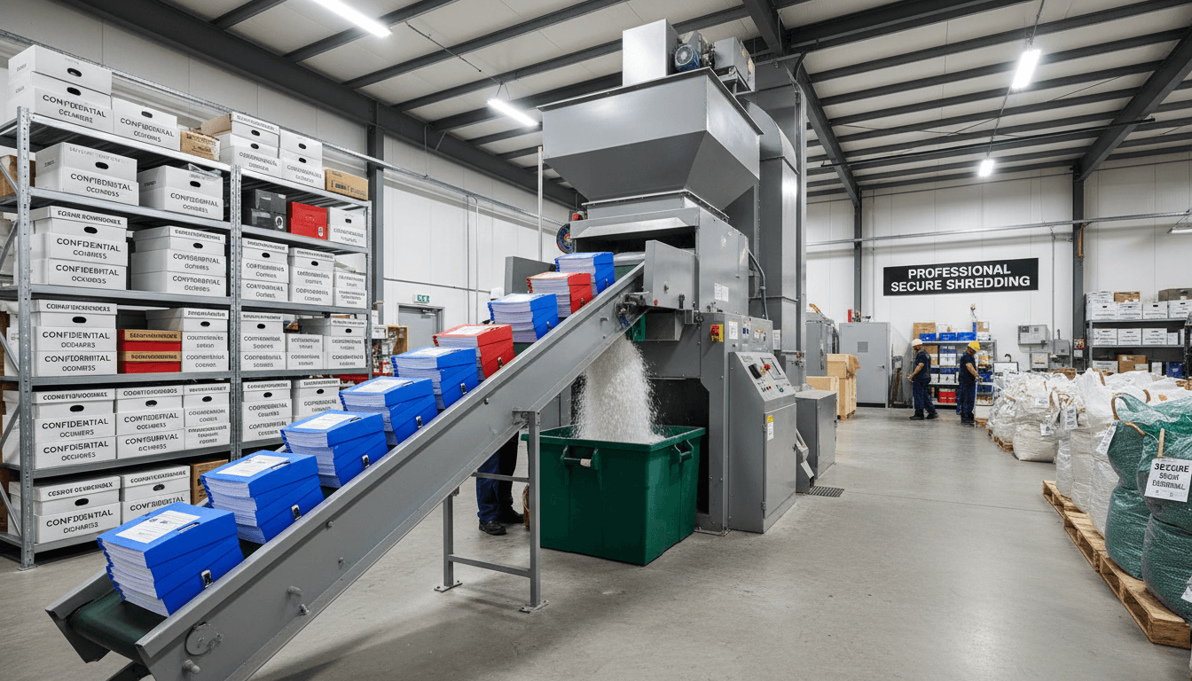 Industrial document shredder processing confidential business files in a secure facility
