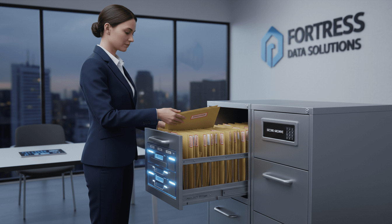 Professional storing confidential records in secure locked cabinet for data protection