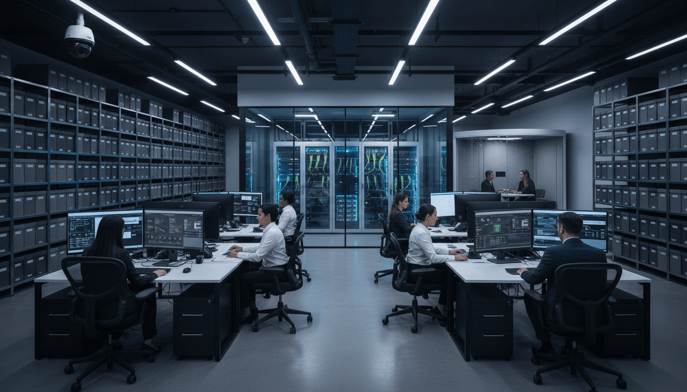 Secure document storage facility with organized filing systems and professional office environment