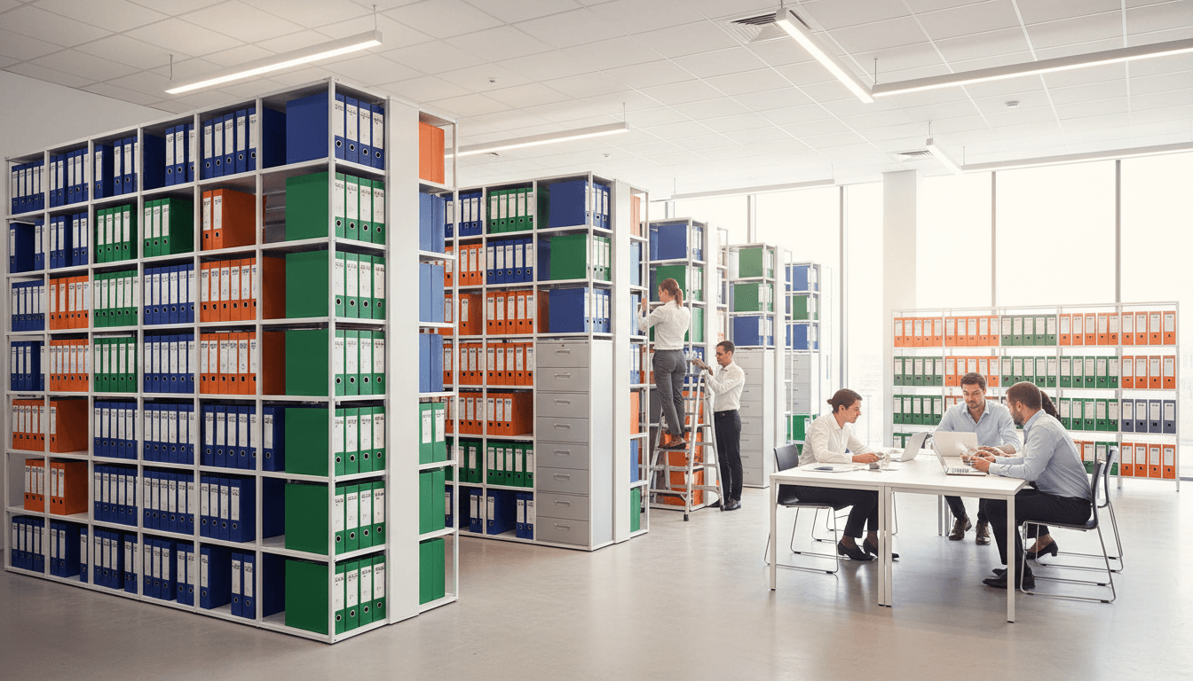 Secure document storage and shredding facility with organized files and professional equipment