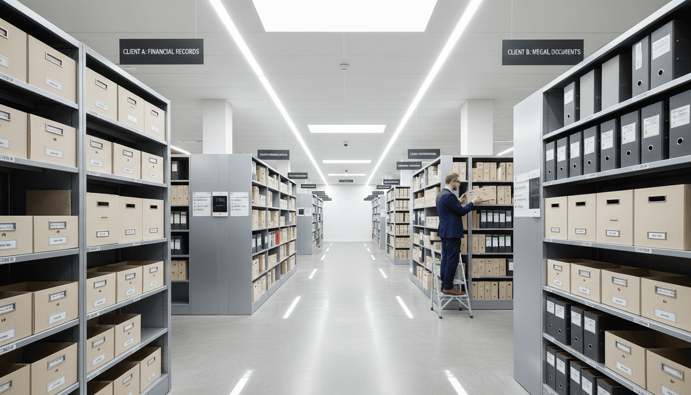 Secure document storage facility with organized filing systems and professional records management setup